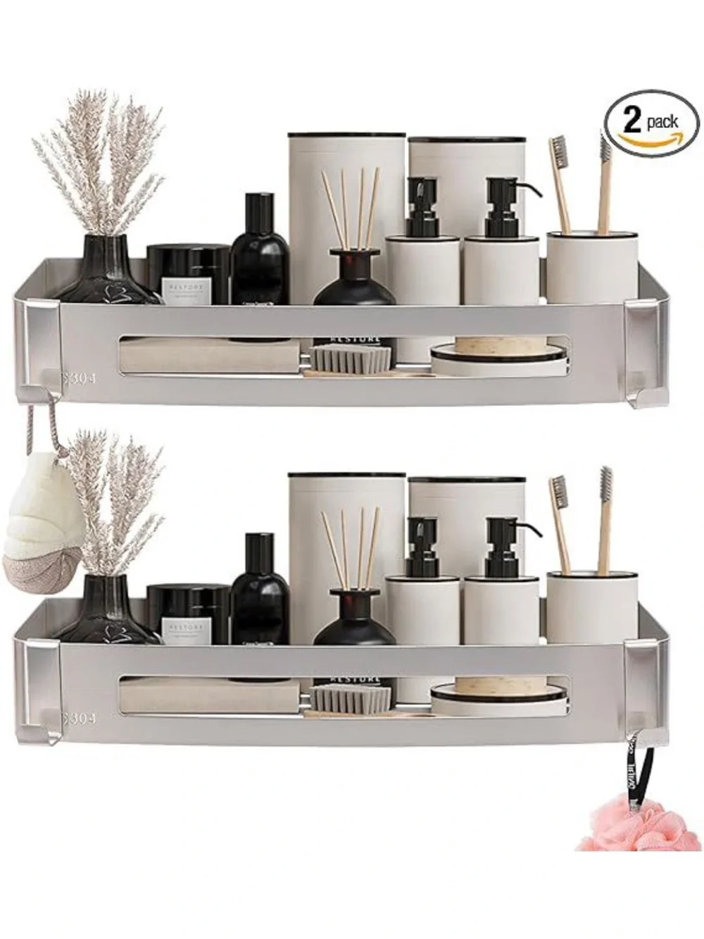 Stainless Steel Wall-Mounted Bathroom Shelf Organizer - Silver (2 Pack)